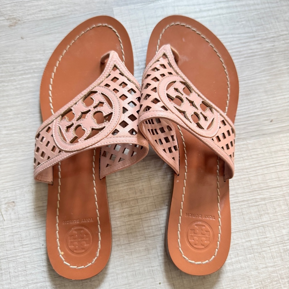 Tory Burch Blush Pink Laser-Cut Out Thong Slide Sandals